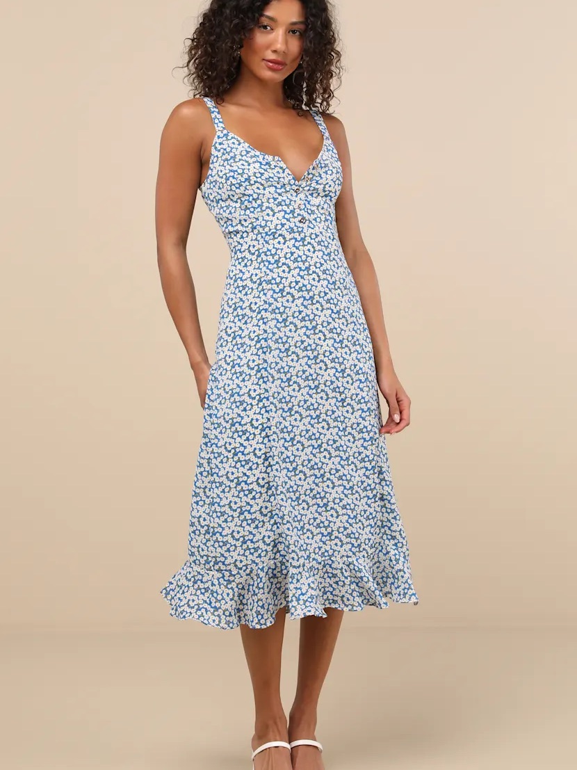 Lulus Darling Daisies Blue Floral Midi Dress